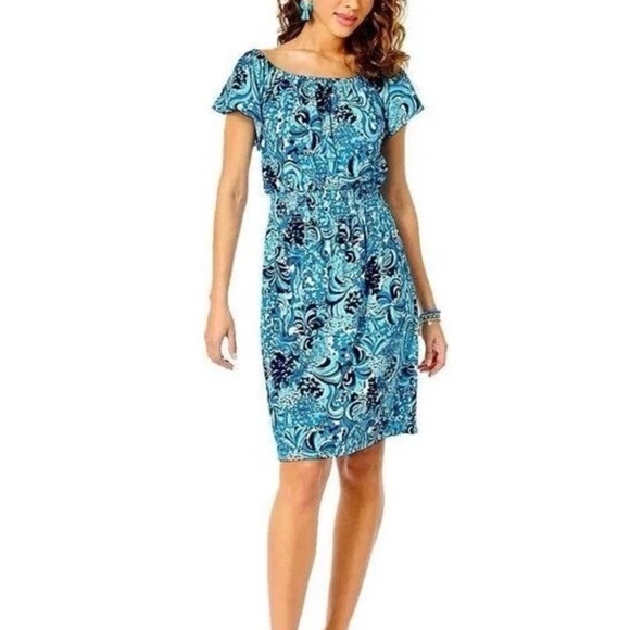 Lilly Pulitzer Clarette Flutter Sleeve Dress Mermazing Blue Sz M Vacation $128 - Picture 3 of 14